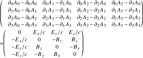  \[ $$ &\begin{pmatrix} & \partial_0 A_0 - \partial_0 A_0  & \partial_0 A_1 - \partial_1 A_0 & \partial_0 A_2 - \partial_2 A_0 & \partial_0 A_3 - \partial_3 A_0 \\ & \partial_1 A_0 - \partial_0 A_1  & \partial_1 A_1 - \partial_1 A_1 & \partial_1 A_2 - \partial_2 A_1 & \partial_1 A_3 - \partial_3 A_1 \\ & \partial_2 A_0 - \partial_0 A_2  & \partial_2 A_1 - \partial_1 A_2 & \partial_2 A_2 - \partial_2 A_2 & \partial_2 A_3 - \partial_3 A_2 \\ & \partial_3 A_0 - \partial_0 A_3  & \partial_3 A_1 - \partial_1 A_3 & \partial_3 A_2 - \partial_2 A_3 & \partial_3 A_3 - \partial_3 A_3 \end{pmatrix}\\ &=\begin{pmatrix} & 0      & E_x/c & E_y/c & E_z/c\\ & -E_x/c & 0     & -B_z  & B_y  \\ & -E_y/c & B_z   & 0     & -B_x \\ & -E_z/c & -B_y  & B_x   & 0 \end{pmatrix} \\ $$ \] 