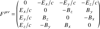  \[ F^{\mu\nu}=\begin{pmatrix} 0     & -E_x/c & -E_y/c &-E_z/c\\ E_x/c & 0      & -B_z   & B_y\\ E_y/c & B_z    & 0      & -B_x\\ E_z/c & -B_y   & B_x    & 0  \end{pmatrix} \\ \] 