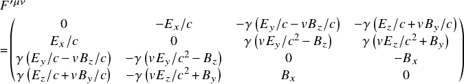  \[ $$ \begin{matrix} F'^{\mu\nu} \end{matrix}\\ =& \begin{pmatrix} 0 & -E_x/c & -\gamma\left(E_y/c - v B_z/c\right) & -\gamma \left(E_z/c + v B_y /c \right)\\ E_x/c & 0 & \gamma\left(v E_y/c^2 - B_z\right) & \gamma\left(v E_z/c^2 + B_y \right)\\ \gamma \left(E_y/c - v B_z/c \right) & -\gamma\left(v E_y/c^2 - B_z\right)   & 0     & -B_x\\ \gamma \left(E_z/c + v B_y/c\right) & -\gamma\left(v E_z/c^2 + B_y\right)  & B_x   & 0 \end{pmatrix} $$ \] 