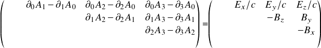  \[ $$ \begin{pmatrix} & \  & \partial_0 A_1 - \partial_1 A_0 & \partial_0 A_2 - \partial_2 A_0 & \partial_0 A_3 - \partial_3 A_0 \\ & \  & \                               & \partial_1 A_2 - \partial_2 A_1 & \partial_1 A_3 - \partial_3 A_1 \\ & \  & \                               & \                               & \partial_2 A_3 - \partial_3 A_2 \\ & \  & \                               & \                               & \  \end{pmatrix} =\begin{pmatrix} & \  & E_x/c & E_y/c & E_z/c\\ & \  & \     & -B_z  & B_y\\ & \  & \     & \     & -B_x\\ & \  & \     & \     & \  \end{pmatrix} \\ $$ \] 