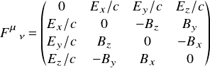  \[ F^{\mu}_{\ \ \ \nu}=\begin{pmatrix} 0     & E_x/c & E_y/c &E_z/c\\ E_x/c & 0      & -B_z   & B_y\\ E_y/c & B_z    & 0      & -B_x\\ E_z/c & -B_y   & B_x    & 0 \end{pmatrix} \\ \] 